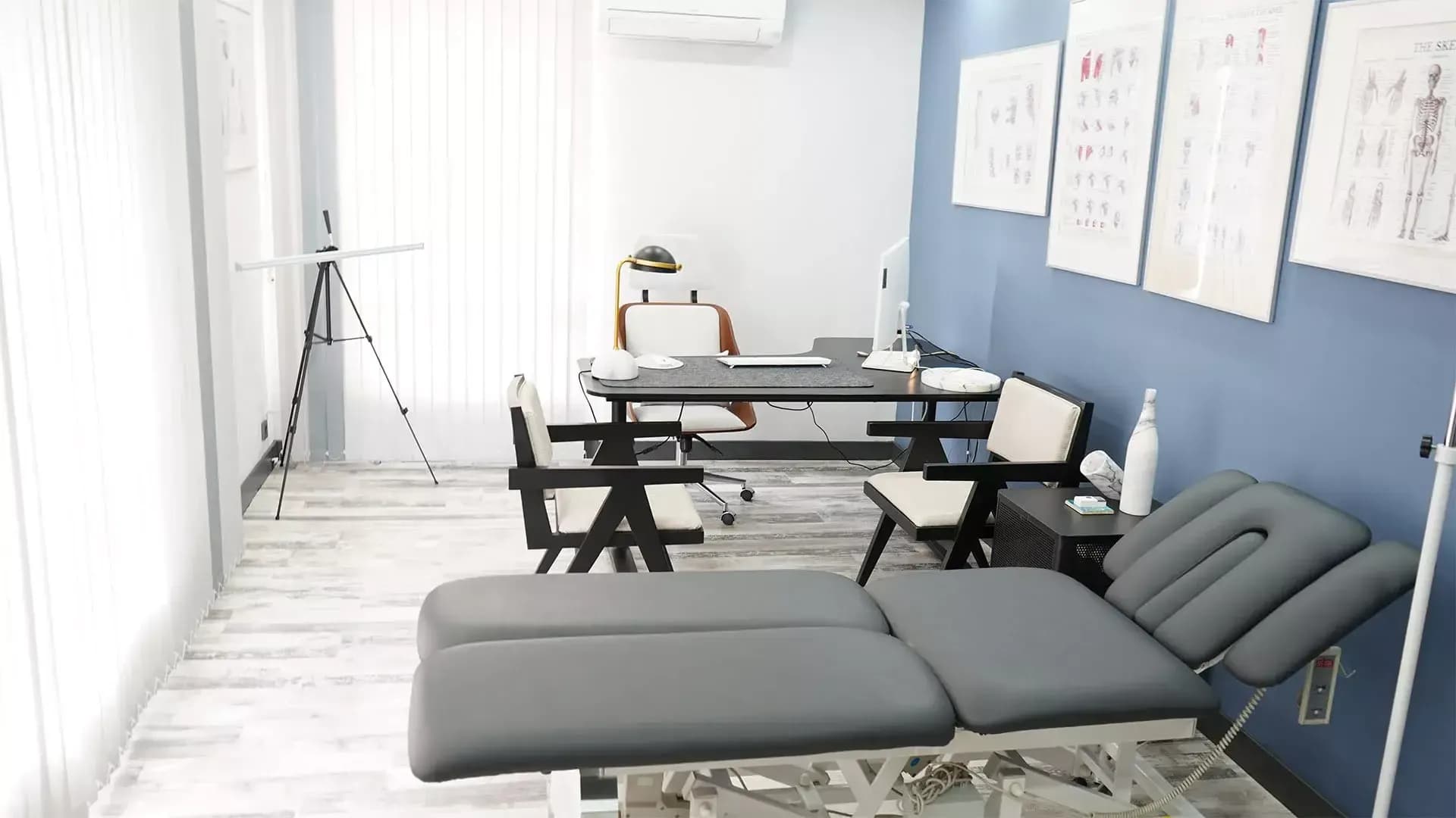 Gri elektrikli manuel terapi masası, çalışma masası ve duvarında anatomi posterleri olan muayene odası
